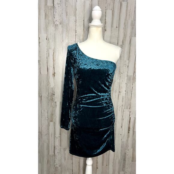 Lulus Women's One-Shoulder‎ Mini Dress Teal Crushed Velvet Size Medium - Picture 6 of 10